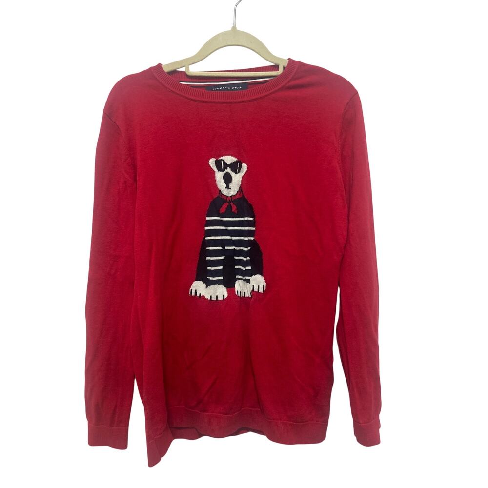 Tommy Hilfiger Red 100% Cotton Bear Sunglasses Knit Crewneck Sweater Medium